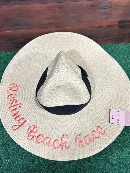 Serra Accessories - Serra Ladies Beach Hat Resting Beach Face Peach Embroidered Black Ribbon
